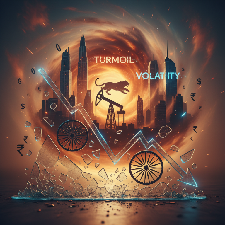 An abstract depiction of market volatility with an oil rig, currency symbols, and broken glass, set against a fiery Middle Eastern skyline, signifying economic impact.