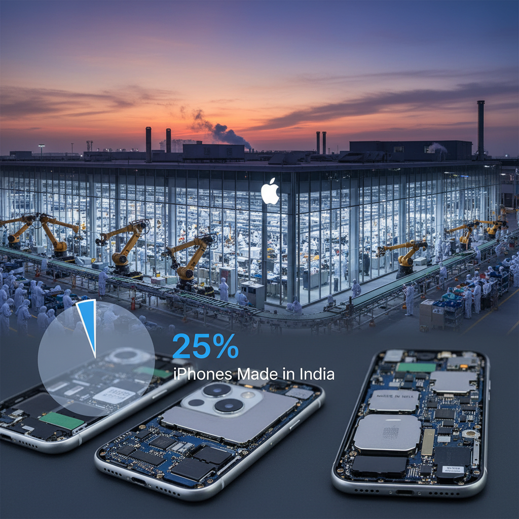 A modern electronics manufacturing facility at sunset, with a 25% pie chart overlay indicating "iPhones Made in India," and detailed iPhone circuit boards in the foreground.