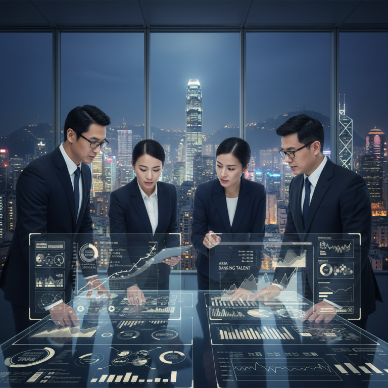 Four diverse business professionals in suits interact with a futuristic holographic interface showing financial data and charts, with a city skyline at night in the background.