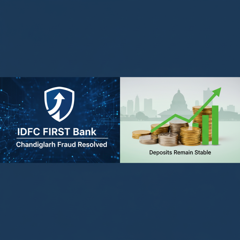 A professional image showing the IDFC FIRST Bank logo and text about fraud resolution, alongside a graph depicting stable deposits.