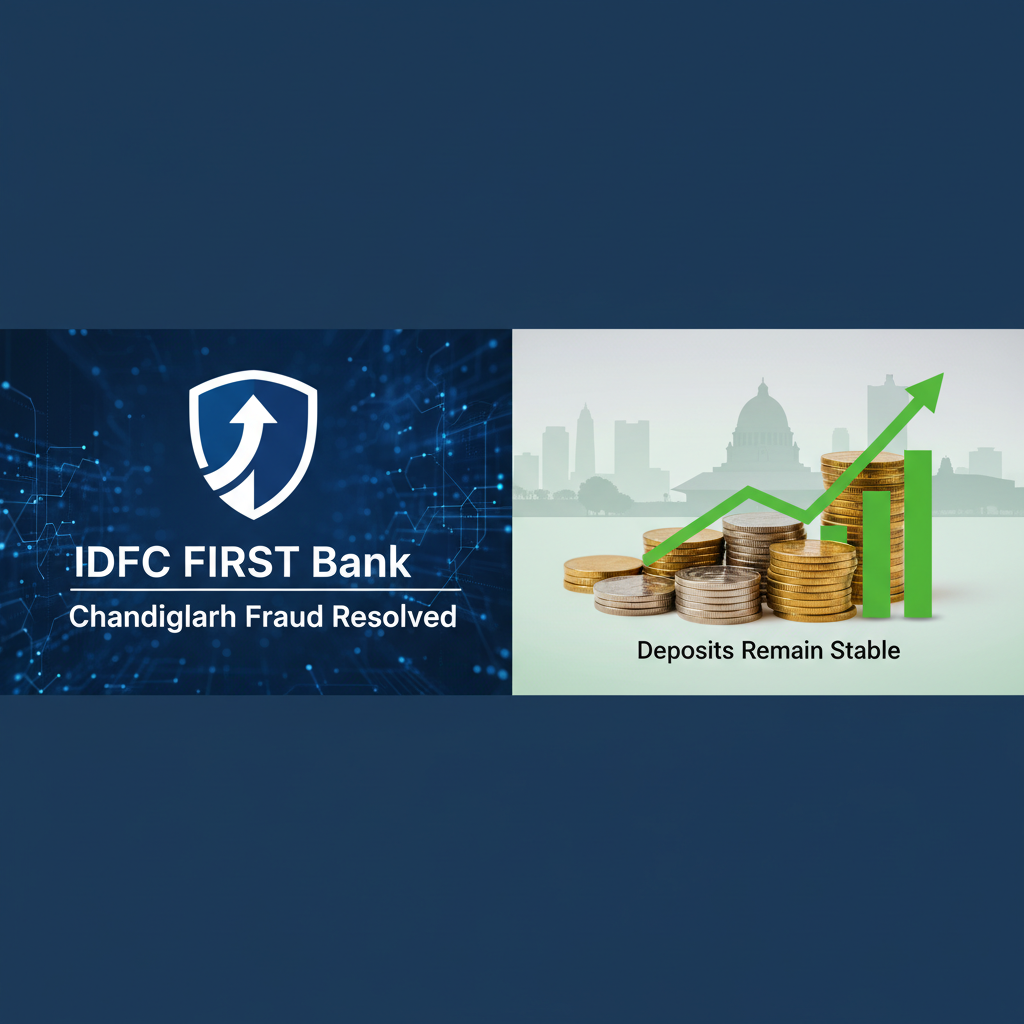 A professional image showing the IDFC FIRST Bank logo and text about fraud resolution, alongside a graph depicting stable deposits.