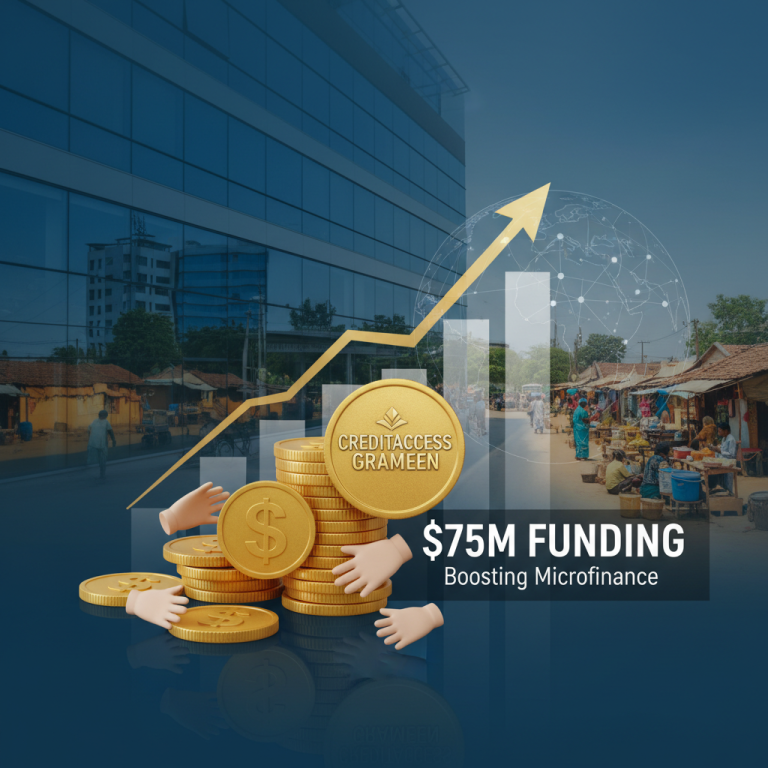 An image symbolizing growth and funding with gold coins, an arrow pointing up, and a background of urban and rural scenes.