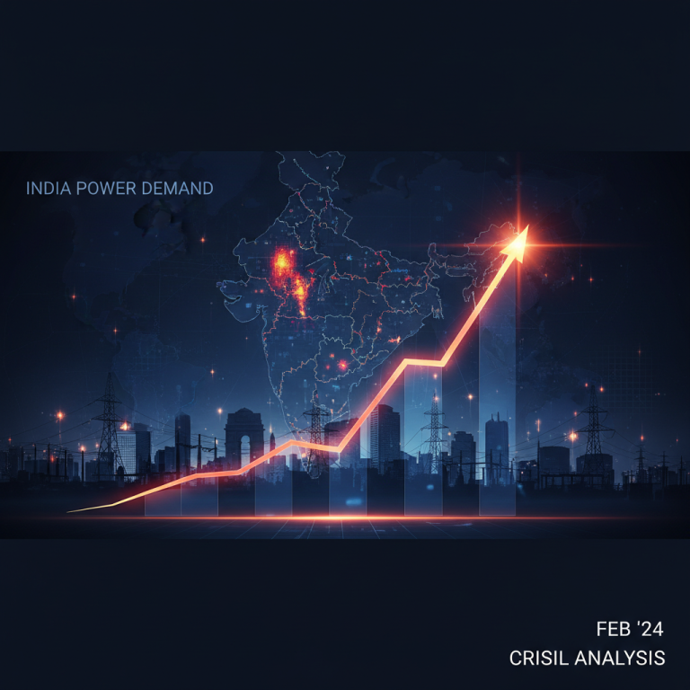 A professional graphic illustrating India's soaring power demand with an upward trend arrow and illuminated map.