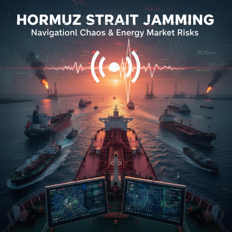 An aerial view of the Hormuz Strait at sunset, with numerous oil tankers and industrial infrastructure visible.