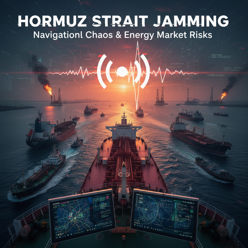 An aerial view of the Hormuz Strait at sunset, with numerous oil tankers and industrial infrastructure visible.