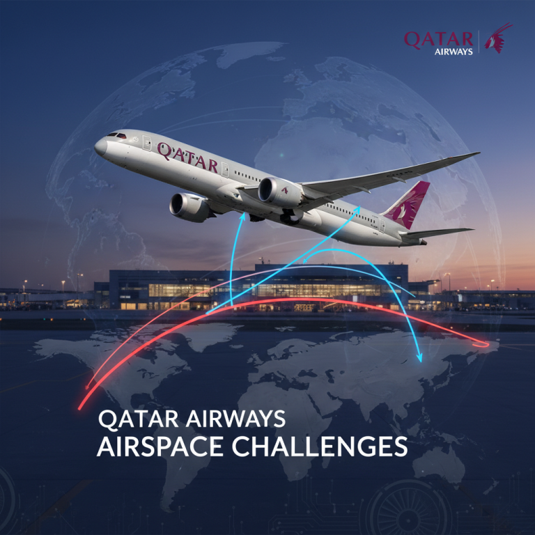 A Qatar Airways plane flying over a world map with highlighted flight paths, symbolizing airspace challenges.