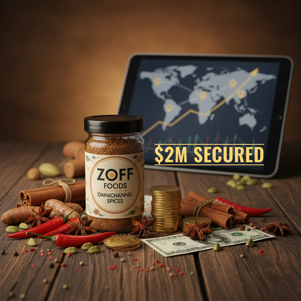 A jar of Zoff Foods spices, stacks of coins, and dollar bills on a wooden table, with a tablet displaying a world map and upward-trending financial charts in the background.