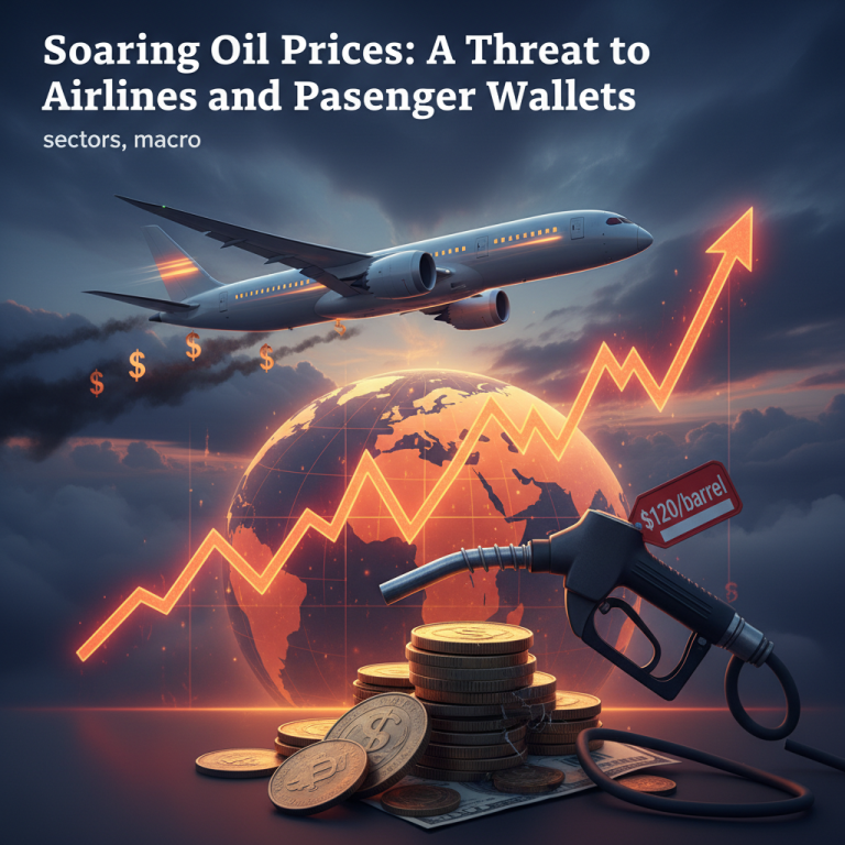 A plane flying over a globe, with an upward-trending graph, a fuel pump, and stacked coins.