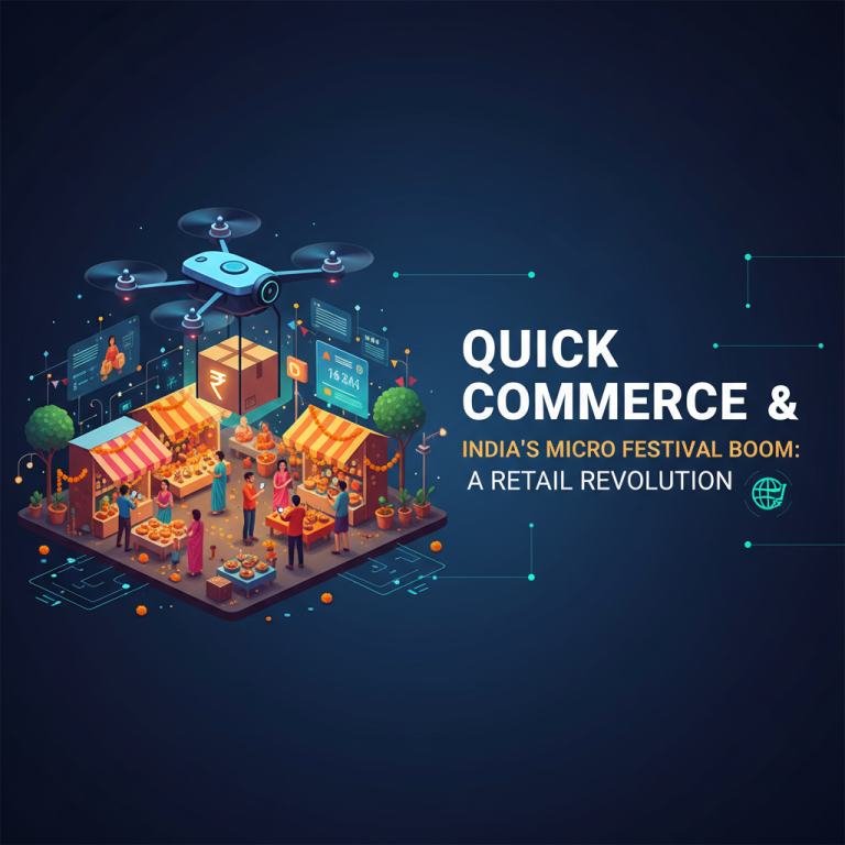 Drone delivering package to a bustling Indian micro-festival market, symbolizing quick commerce revolution.