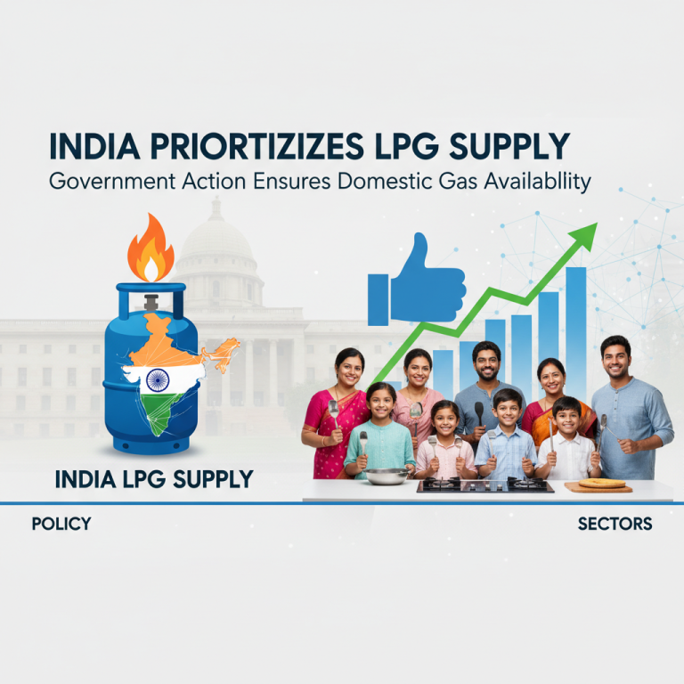 A graphic illustrating India's prioritization of LPG supply with a gas cylinder, map of India, and happy families.