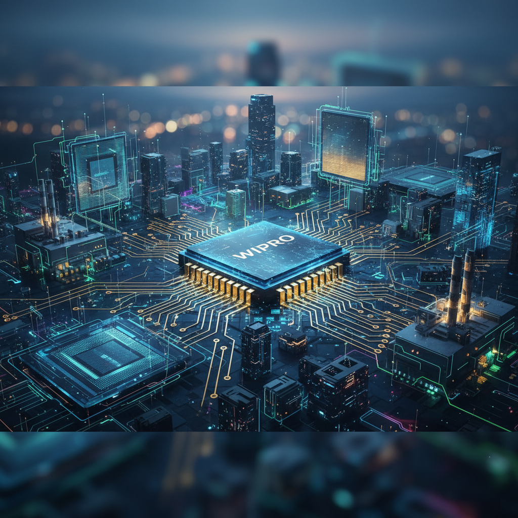 An abstract depiction of a city integrated with a circuit board, featuring a prominent "Wipro" chip.