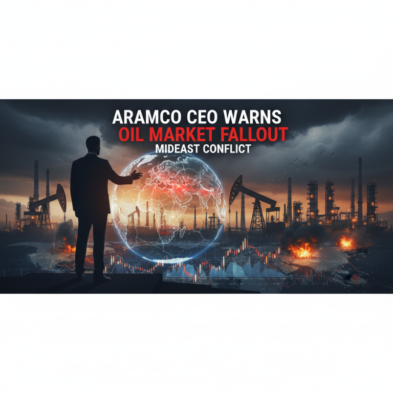 A man in a suit gestures towards a holographic globe superimposed over an oil refinery at sunset, with financial data.