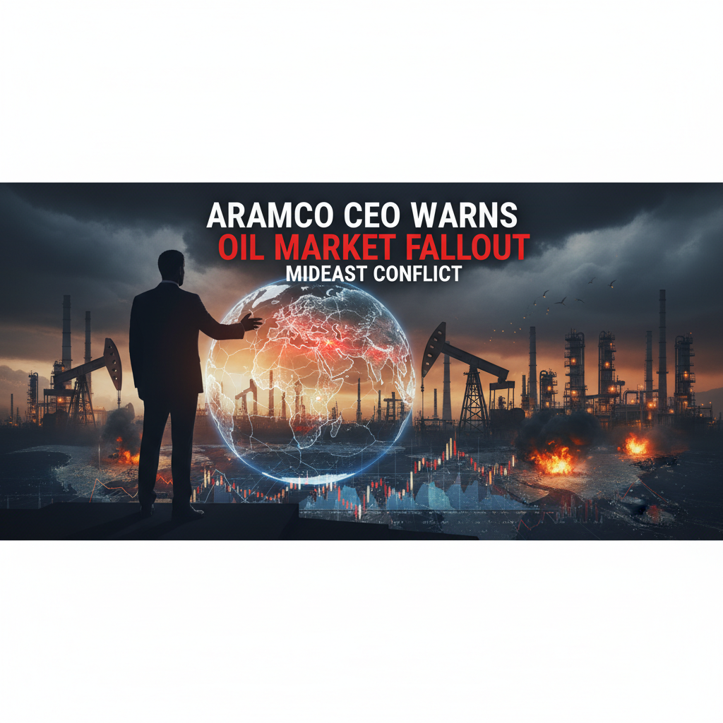 A man in a suit gestures towards a holographic globe superimposed over an oil refinery at sunset, with financial data.