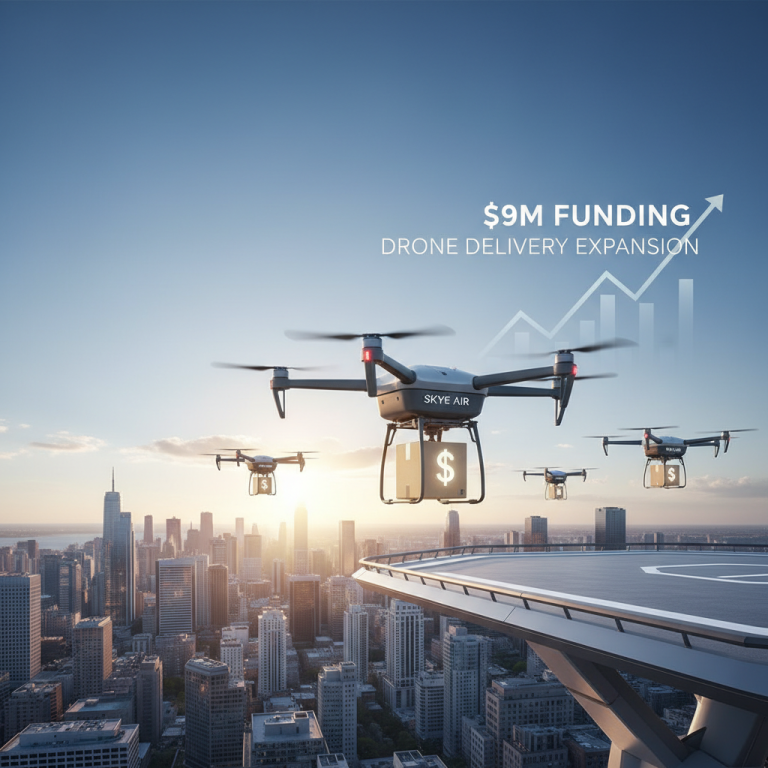 Drones with dollar sign packages fly over a modern city skyline at sunset, symbolizing funding and expansion.