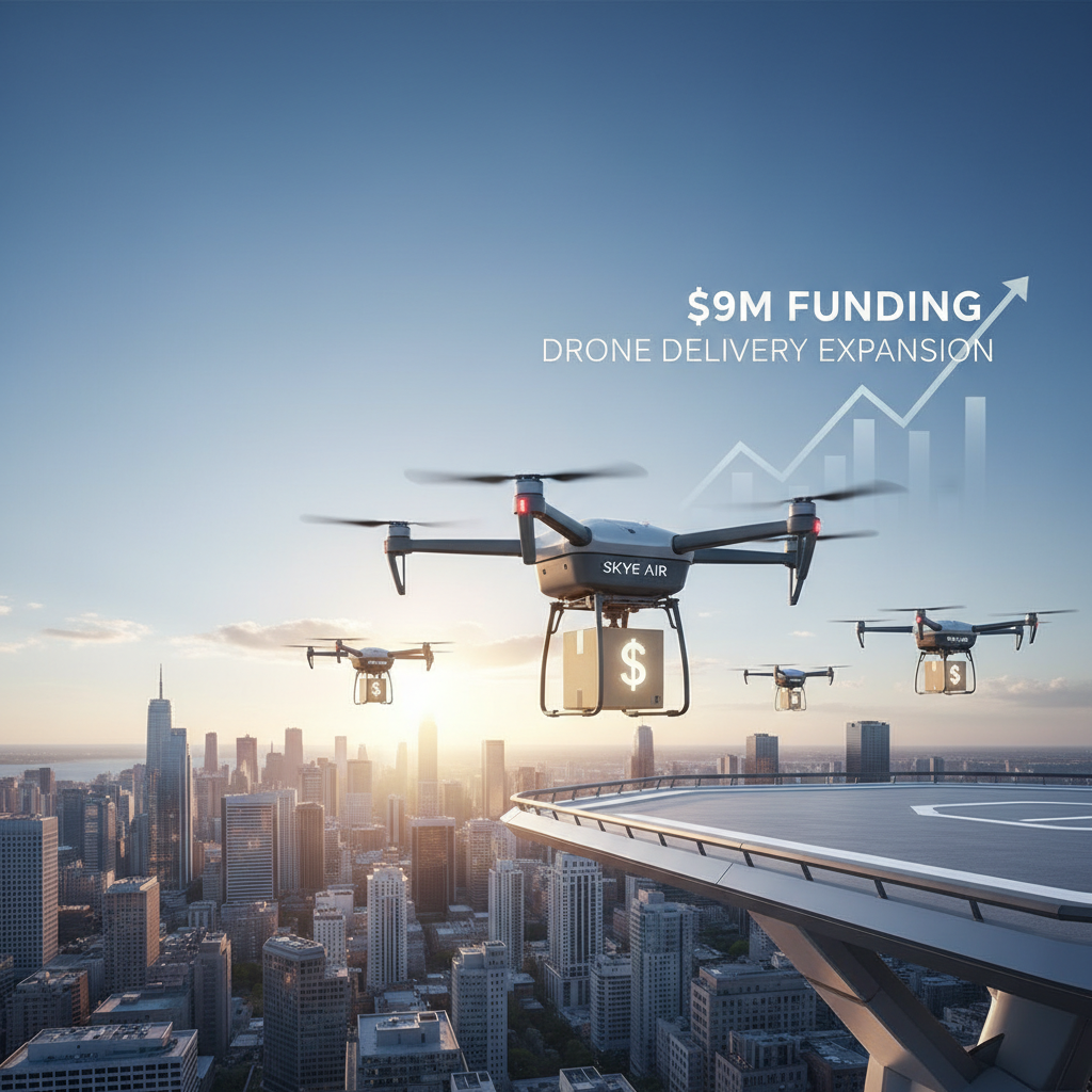 Drones with dollar sign packages fly over a modern city skyline at sunset, symbolizing funding and expansion.