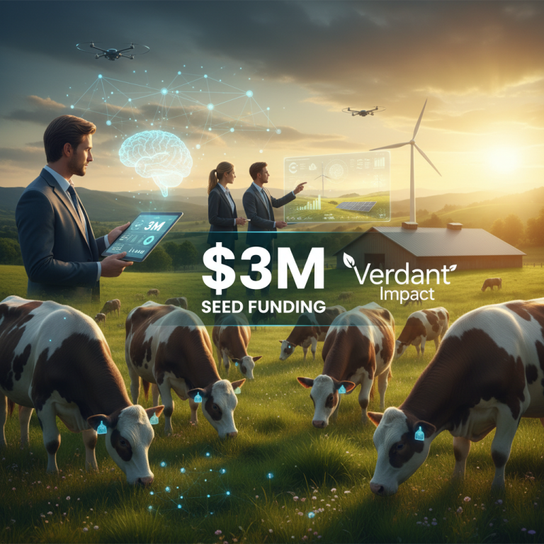 Business professionals overseeing AI-powered livestock management with cows, drones, and wind turbines at sunset.