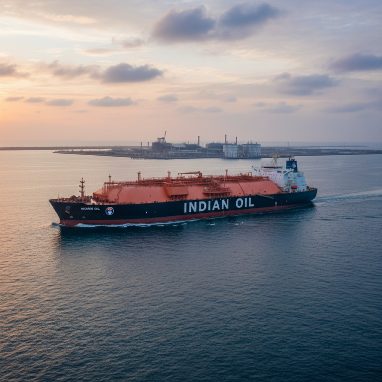 An Indian Oil Corp. LNG carrier sails on calm waters at sunset, with an industrial port in the background.