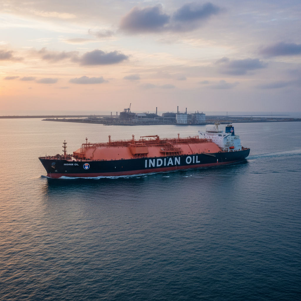 An Indian Oil Corp. LNG carrier sails on calm waters at sunset, with an industrial port in the background.