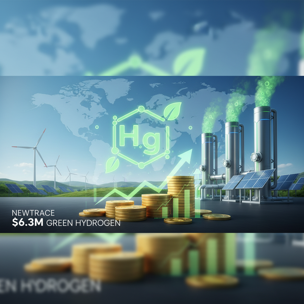 An image showing stacks of gold coins, wind turbines, solar panels, and a factory with green smoke, symbolizing investment in green hydrogen technology.