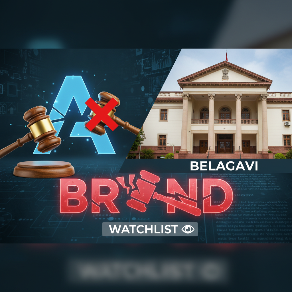 A split image showing the Anthropic logo with a gavel and a red 'X' on one side and the Belagavi courthouse on the other.