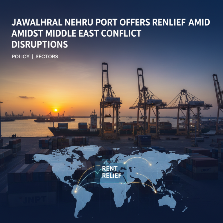 A professional image showing a port at sunset with container ships and cranes, overlaid with a world map highlighting trade routes and "Rent Relief."