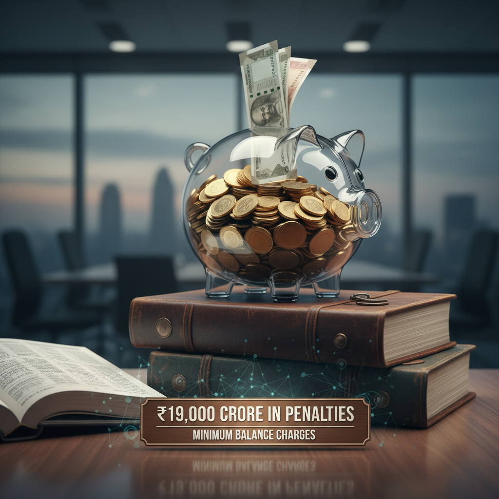A piggy bank filled with coins and Indian rupees, sitting on law books in an office setting, representing bank penalties.