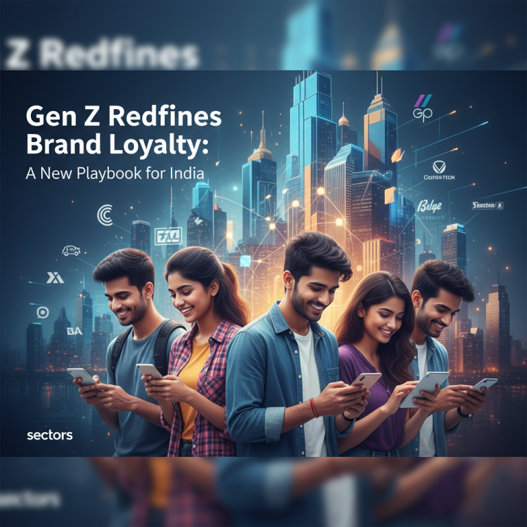 Five young adults from Gen Z in India, smiling and looking at their phones, with a modern city skyline and digital brand logos in the background.