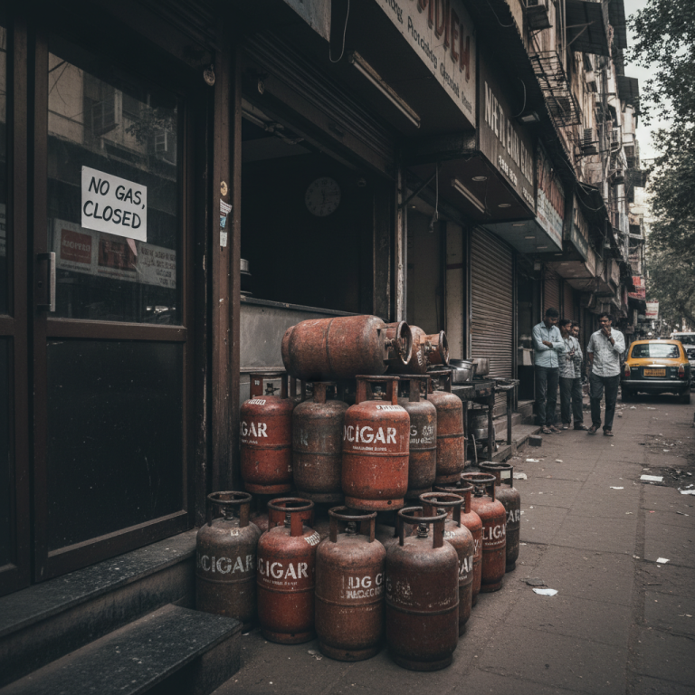 A stack of red LPG cylinders outside a dark, closed restaurant in Mumbai with a "No Gas, Closed" sign.