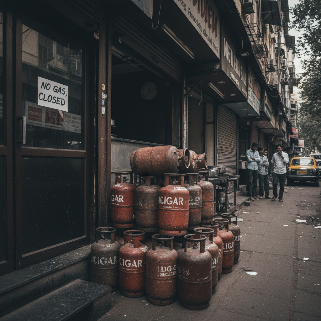 A stack of red LPG cylinders outside a dark, closed restaurant in Mumbai with a "No Gas, Closed" sign.
