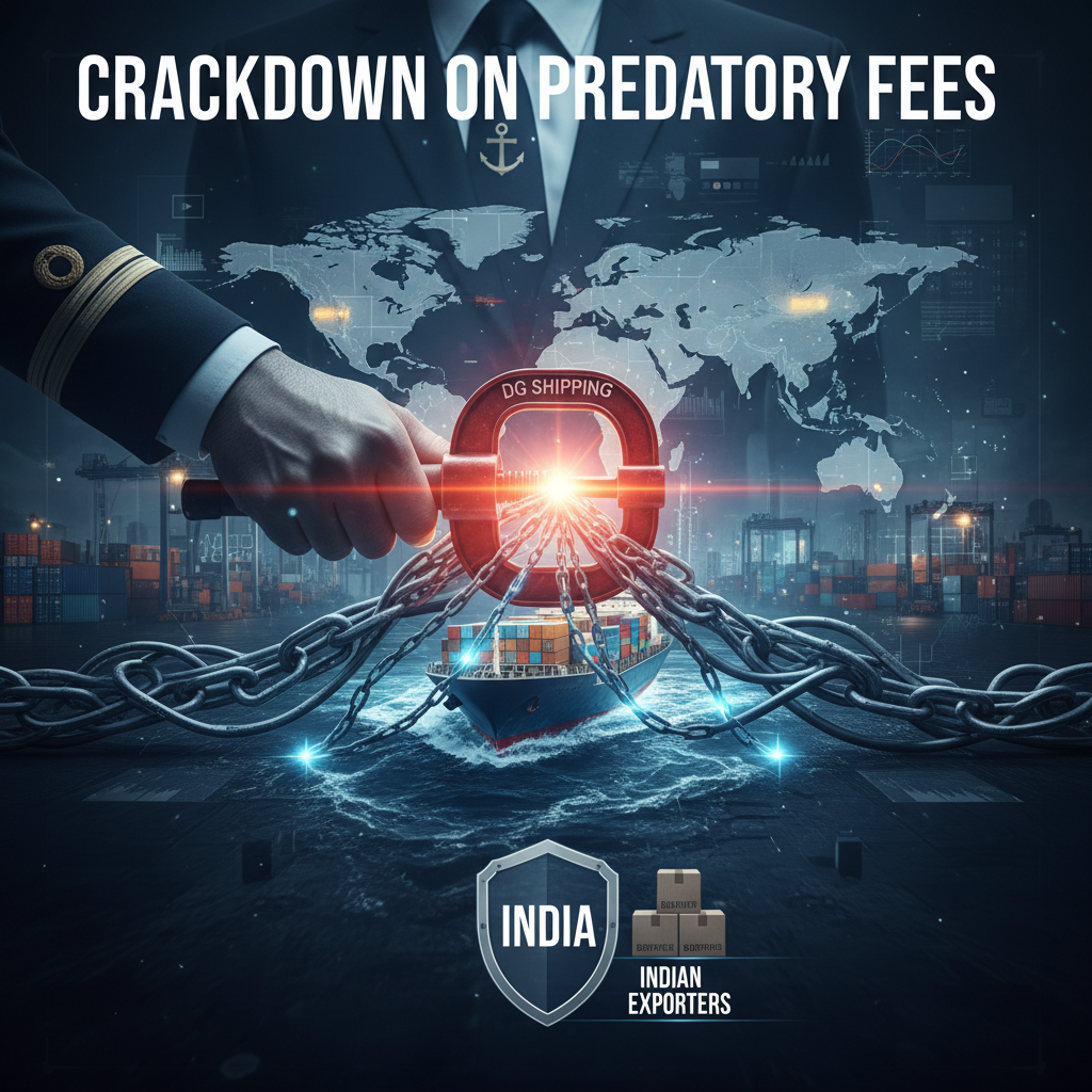 A stylized image showing a ship's captain tightening a clamp on a shipping container, symbolizing regulation.