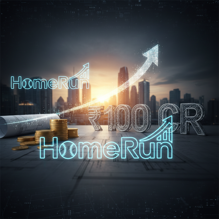 A modern cityscape at sunset with digital overlays of financial growth, including "₹100 CR" and "HomeRun" in neon.