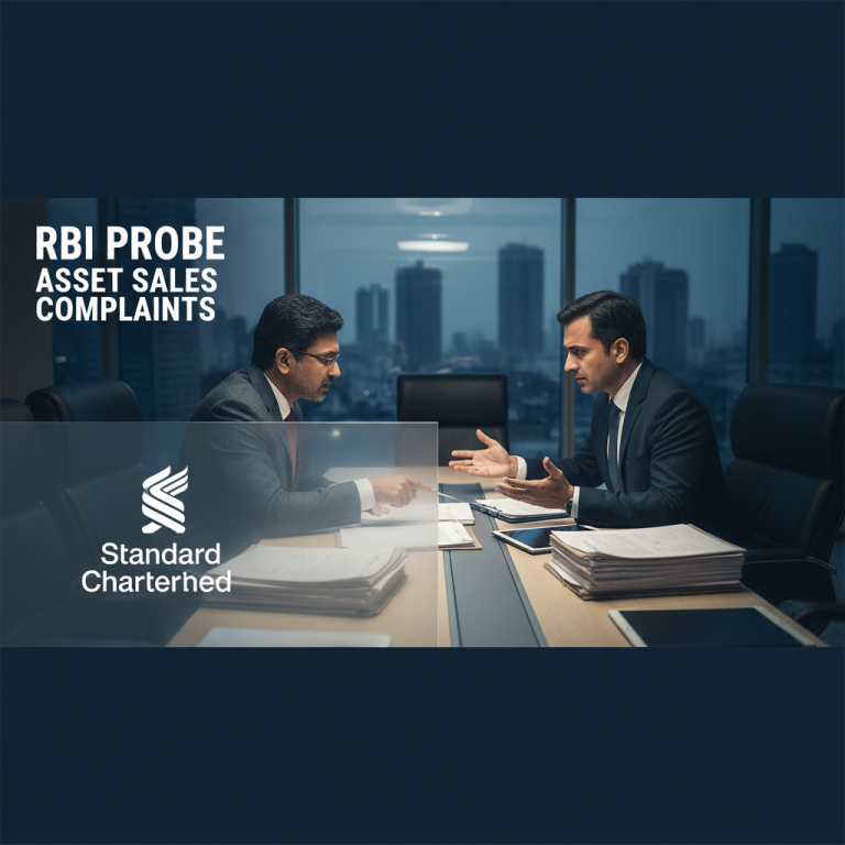 Two businessmen discussing documents in an office, overlaid with "RBI Probe Asset Sales Complaints" and Standard Chartered logo.