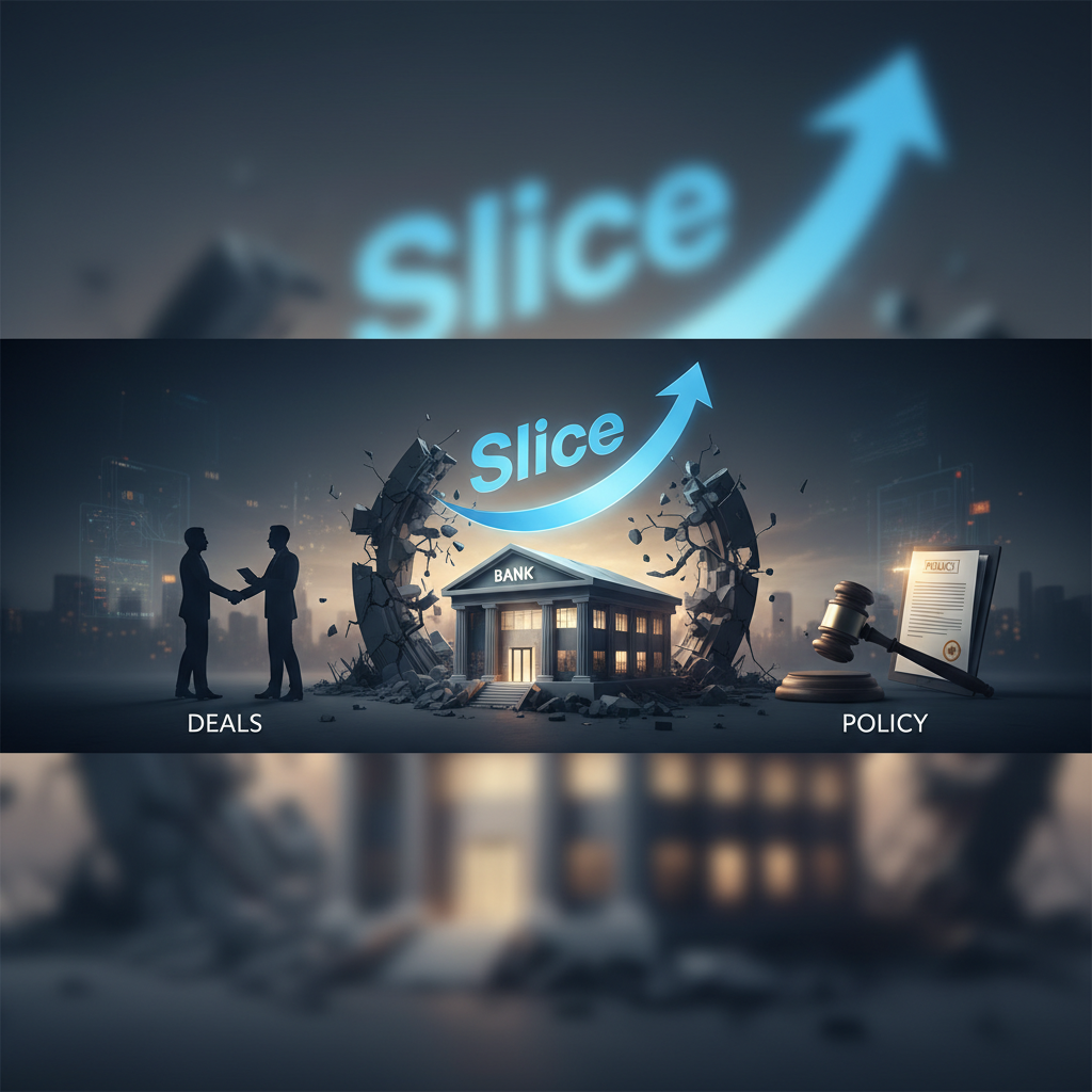 A professional image illustrating Slice's strategy to revitalize a struggling bank with deals and policy.