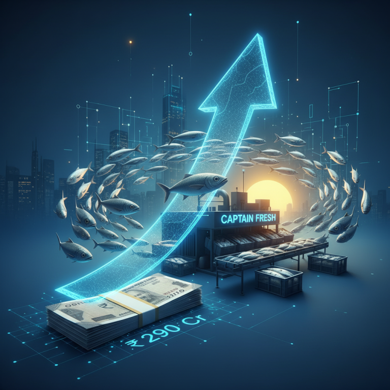 Digital illustration of fish, money, and an upward arrow, representing funding for Captain Fresh's growth and IPO.