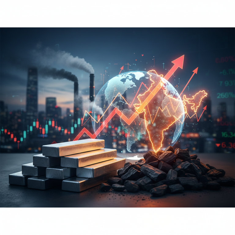 A visual representing geopolitical turmoil's impact on aluminum and coal, showing rising graphs over a global map.