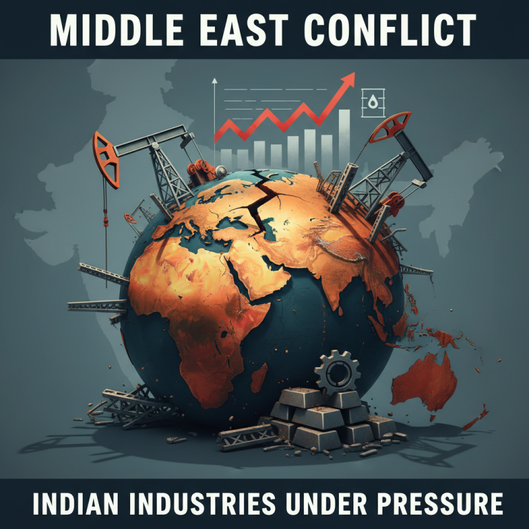 Earth cracked and surrounded by oil derricks, with a rising red arrow graph, indicating economic pressure on India.