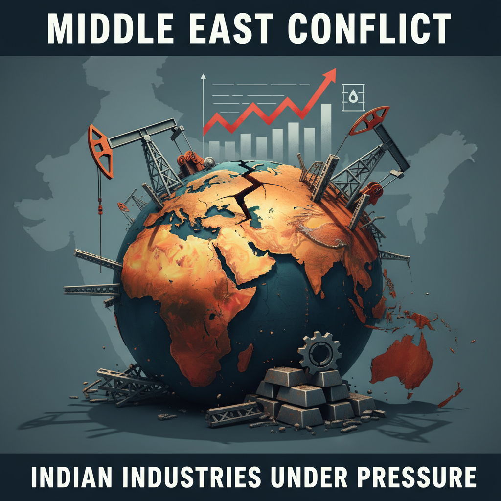 Earth cracked and surrounded by oil derricks, with a rising red arrow graph, indicating economic pressure on India.