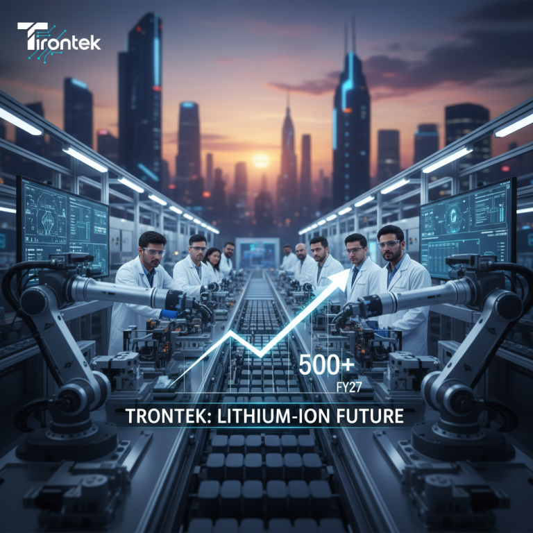 A modern factory floor with Trontek workers, robotic arms, and a rising graph representing 500+ new jobs by FY27.