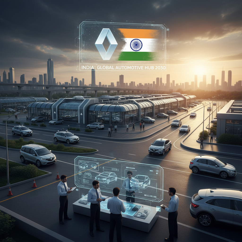 Overhead shot of a modern car dealership with Renault branding, futuristic displays, and the Indian flag.