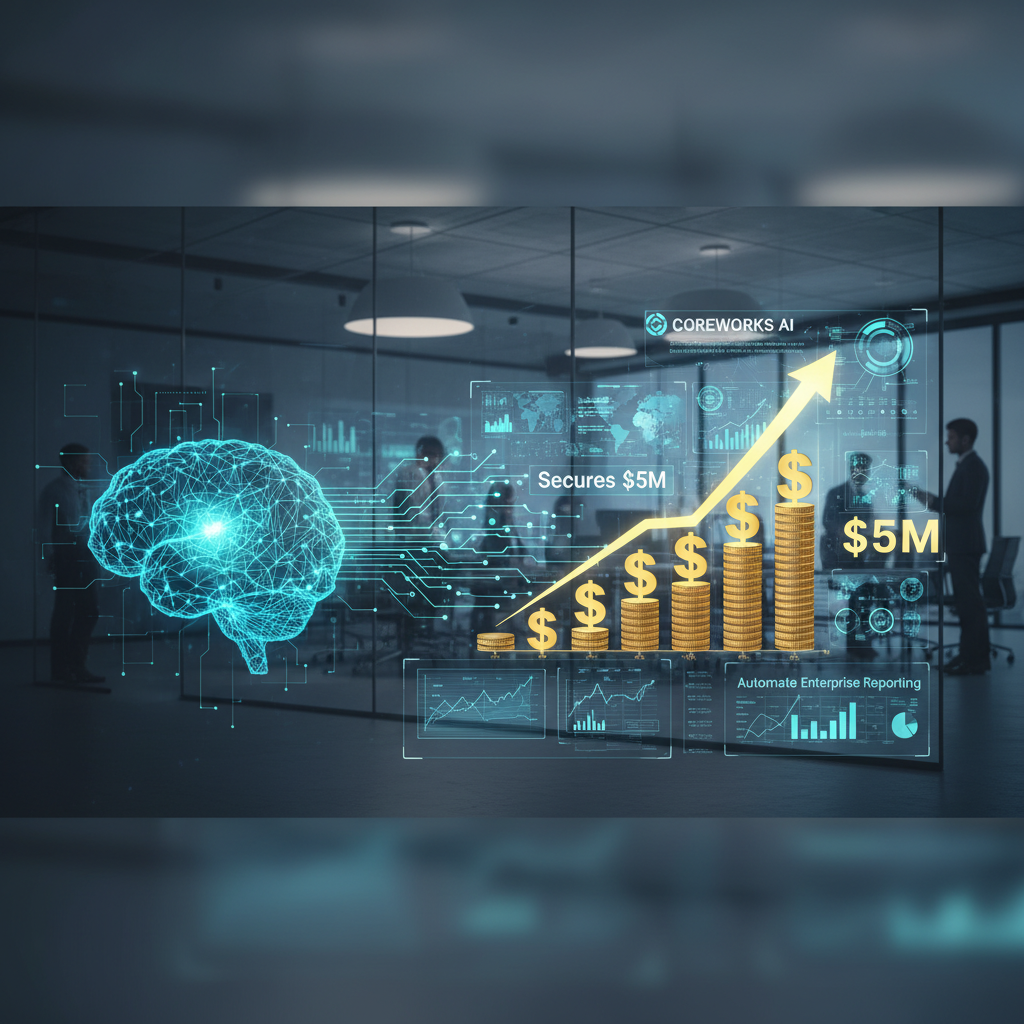 A digital brain, gold dollar signs, and growth arrow, symbolizing Coreworks AI's $5M funding for enterprise reporting.