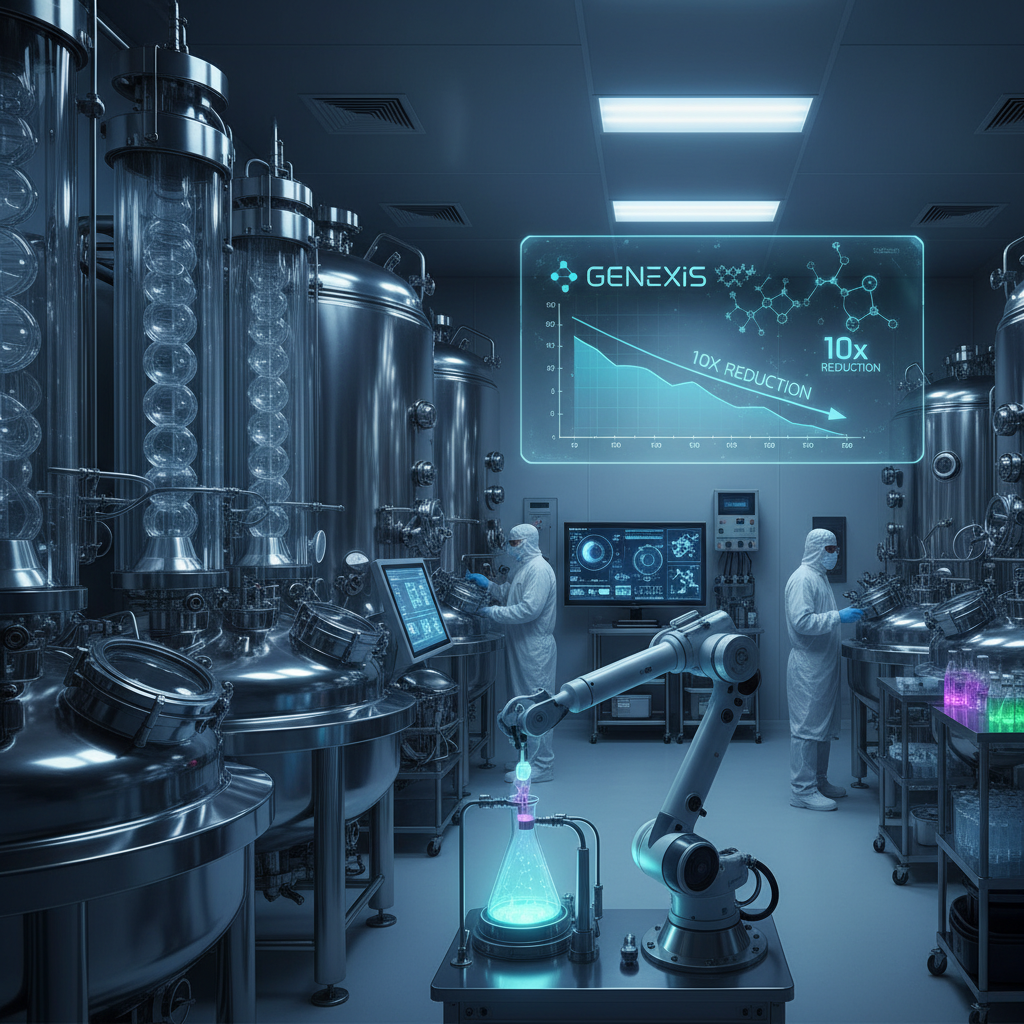 A modern pharmaceutical manufacturing facility with large bioreactors, scientists in clean suits, and a robotic arm with glowing chemicals, demonstrating 10x cost reduction.