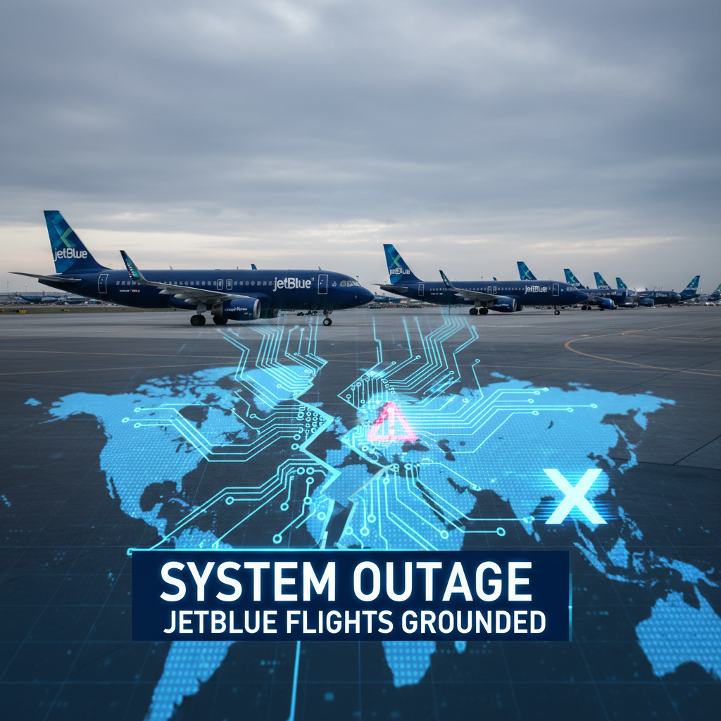 A row of JetBlue airplanes on a tarmac under an overcast sky, overlaid with a digital map and "SYSTEM OUTAGE" text.