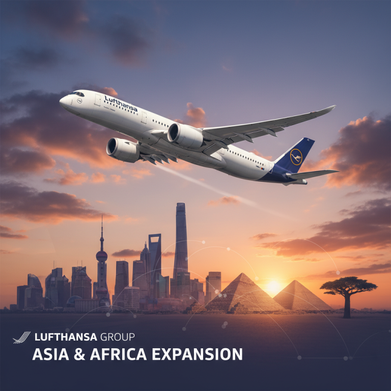 A Lufthansa airplane flying over a skyline with landmarks from Asia and Africa at sunset.