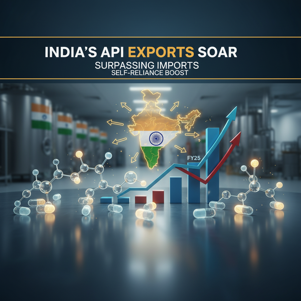 An abstract representation of India's map with upward arrows and a rising bar graph, signifying growth in API exports.