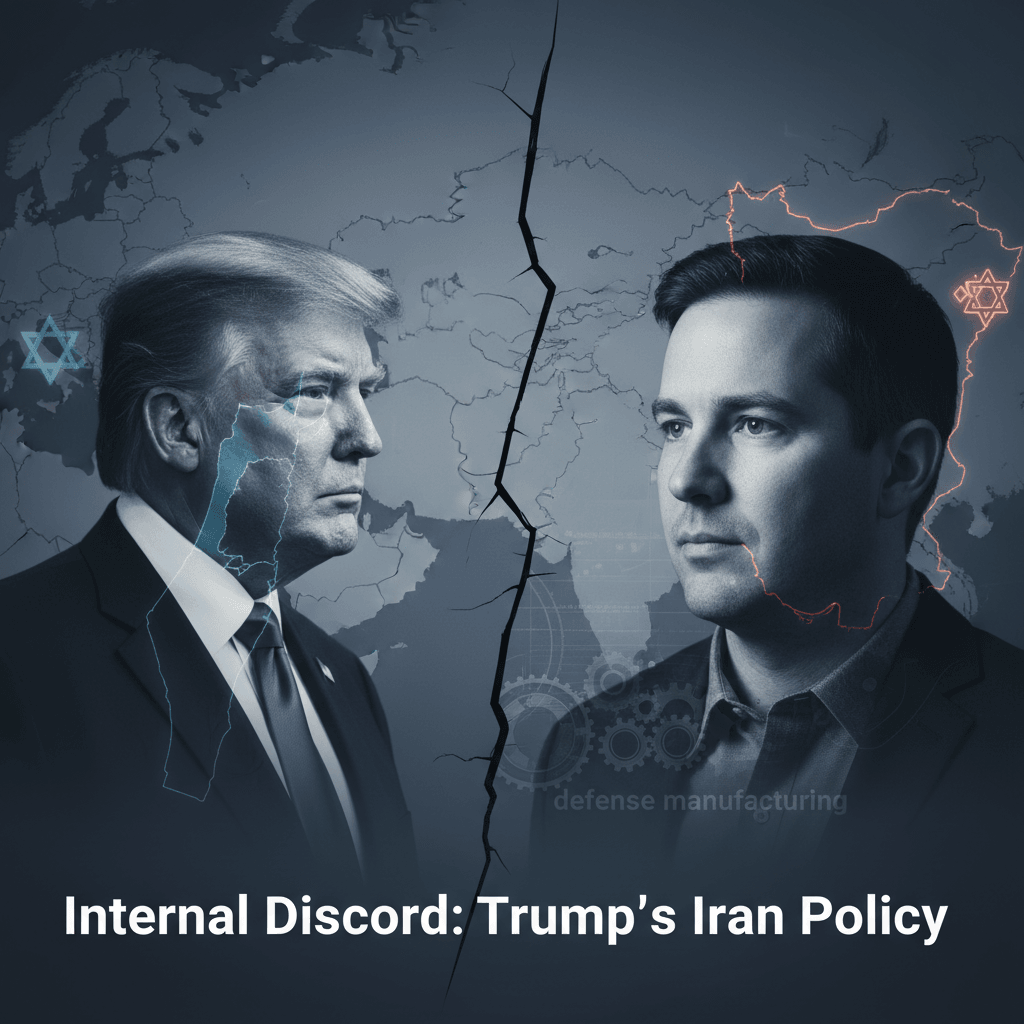 Split image of Donald Trump and Joe Kent with Middle East map, symbolizing internal conflict.