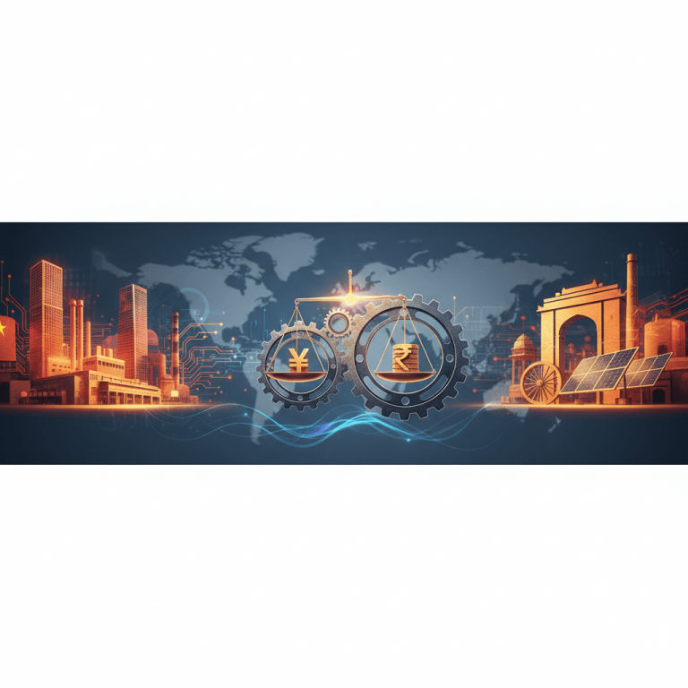 A stylized image showing a balance scale with Indian Rupee and Chinese Yuan symbols, set against industrial landscapes.