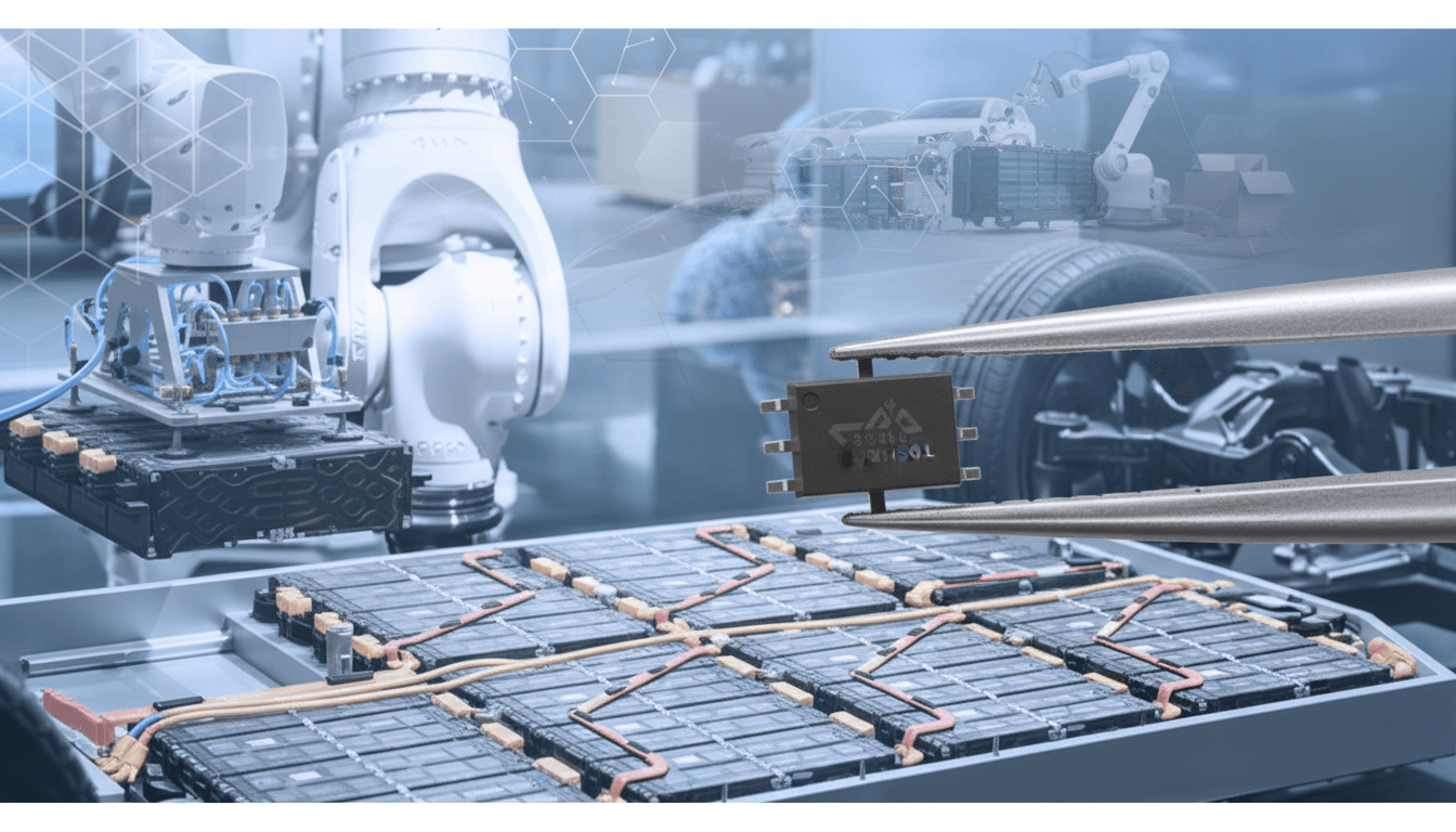 A robotic arm assembling an electric vehicle battery pack, with a photocoupler chip held by tweezers in the foreground.
