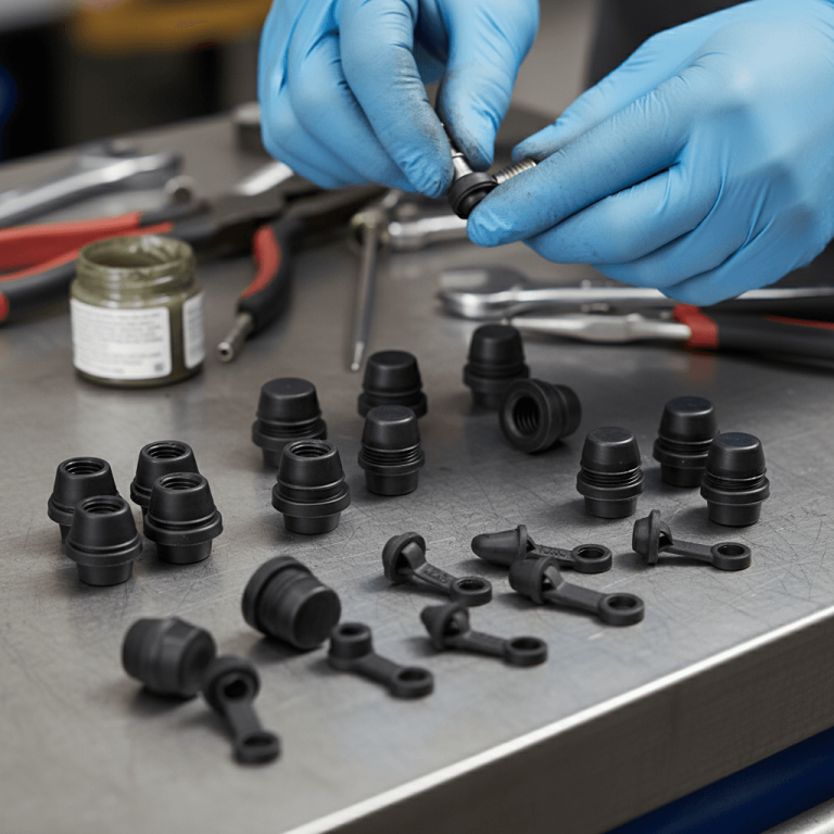 A mechanic in blue gloves installing a rubber dust protection cap on an automotive brake bleeder screw or zerk fitting.