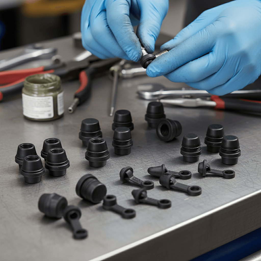 A mechanic in blue gloves installing a rubber dust protection cap on an automotive brake bleeder screw or zerk fitting.