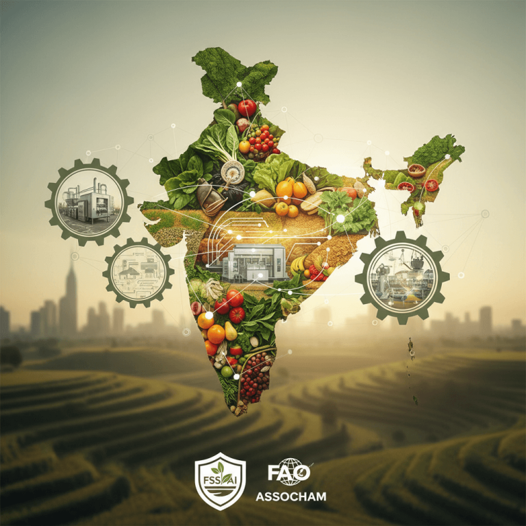 An abstract map of India filled with diverse fresh produce and food processing elements, symbolizing nutrition and investment.